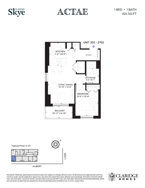 Floor plan for 1 bed, 1 bath, 624 sqft